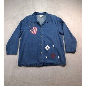 VTG Match Point Womens Denim Button Up Shirt Medium Flag Stars 80's Retro USA